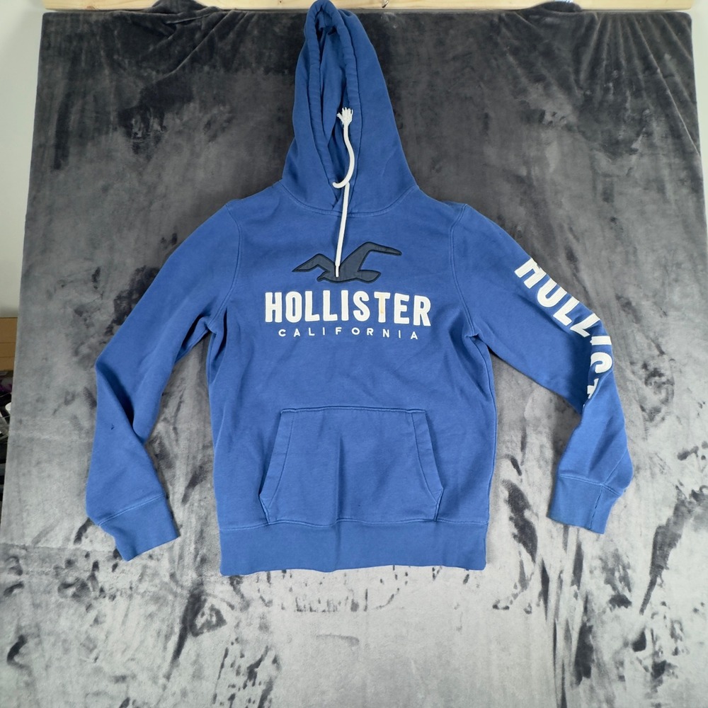 Hollister Hoodie Mens Medium Blue Graphic Logo Pullover Sweatshirt